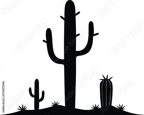 Dramatic cactus silhouette artwork with unique decorative style, Saguaro Cactus Silhouette Vector Illustration
