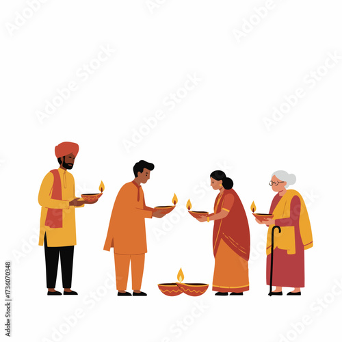 Flat Illustration Diverse Family Celebrate Diwali Festival with Traditional Oil Lamps
