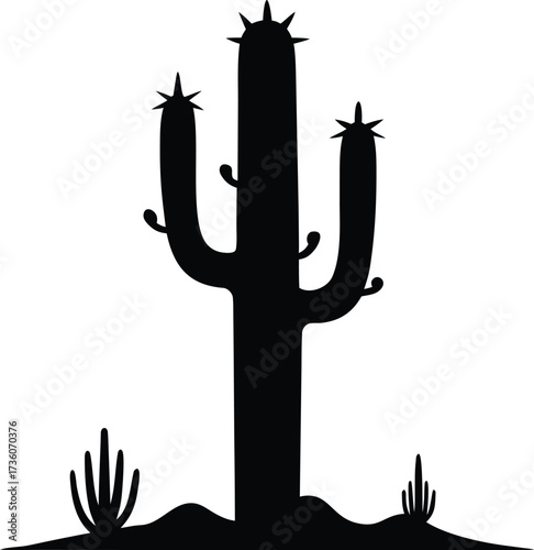 Dramatic cactus silhouette artwork with unique decorative style, Saguaro Cactus Silhouette Vector Illustration
