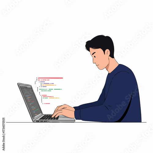 Flat Illustration Man Coding on Laptop Technology Work Activity