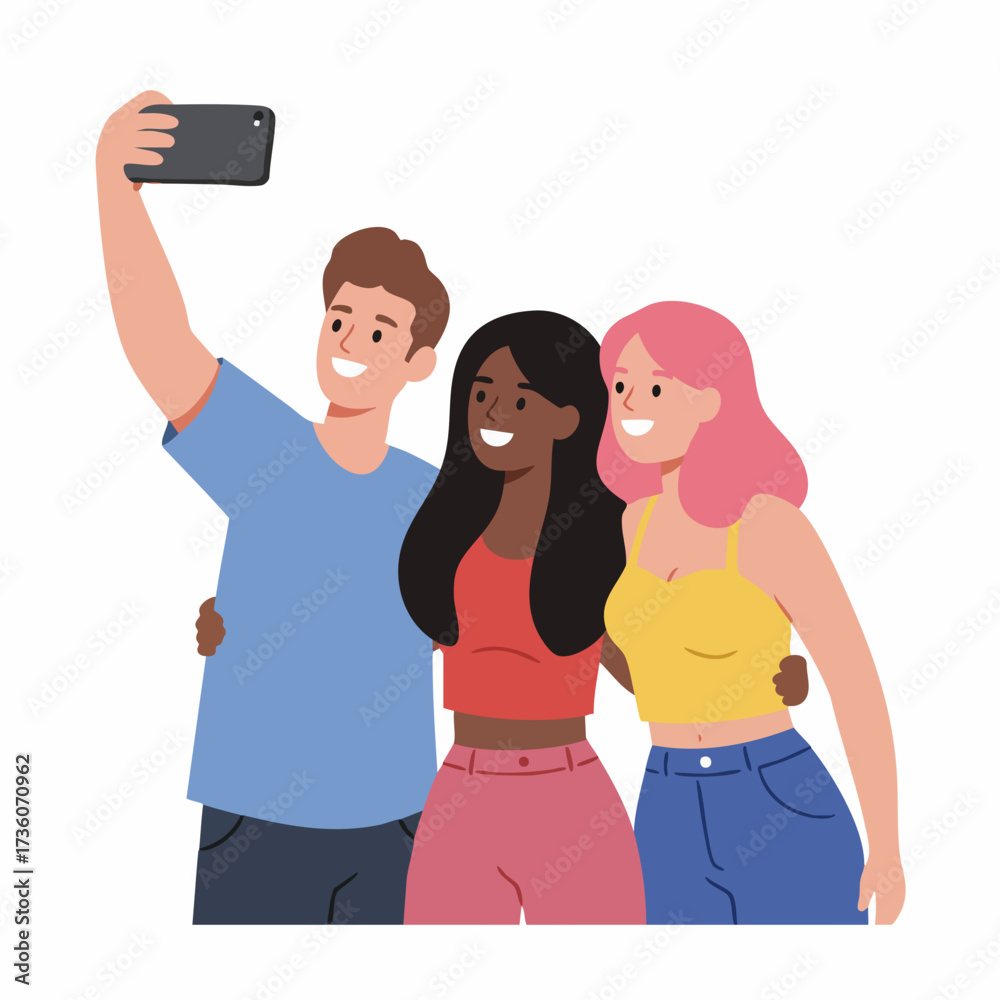 Fototapeta premium Flat Style Cheerful Diverse Group People Taking Selfie Illustration