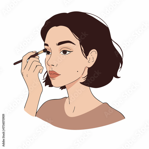 Flat Handdrawn Beautiful Woman Applying Eyeshadow with Brush Illustration
