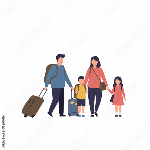 Flat Style Detailed Illustration of Family with Luggage Ready for Vacation