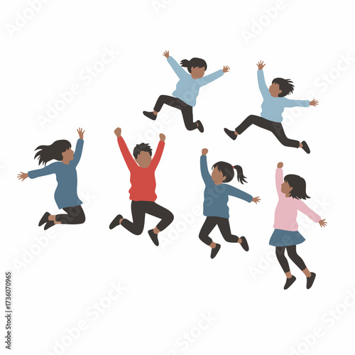 Flat Style Jumping Group of Happy Children Celebrating Success Together