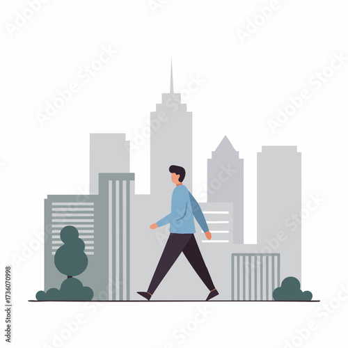 Flat Style Detailed Man Walking Urban Cityscape Illustration