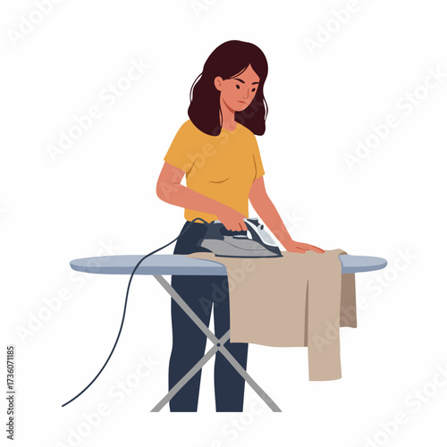 Flat Illustration of a Woman Ironing Clothes on an Ironing Board