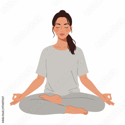 Flat Illustration of Peaceful Woman in Meditation Pose Practicing Yoga Exercise