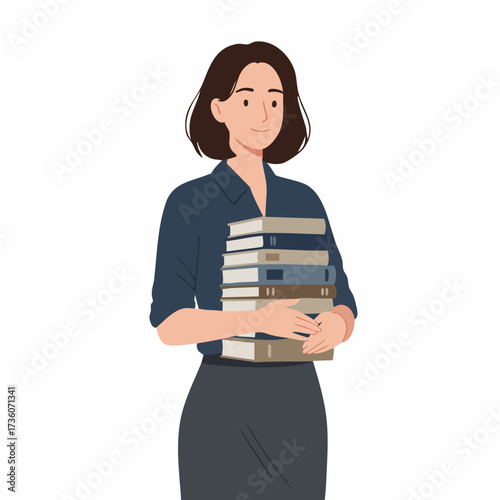 Simple Cartoon Style Woman Holding Stack of Books Illustration