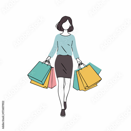 Minimalist Line Art Illustration of Woman Carrying Shopping Bags at Store