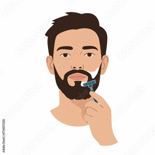Flat Illustration Man Shaving His Beard Using Razor and Cream