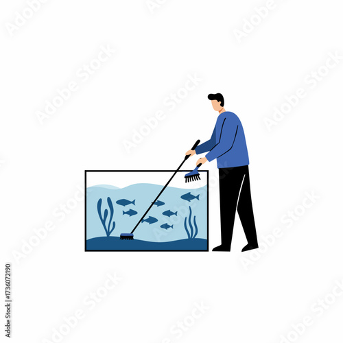 Flat Illustration Man Cleaning Fish Tank Aquarium With Vacuum Cleaner