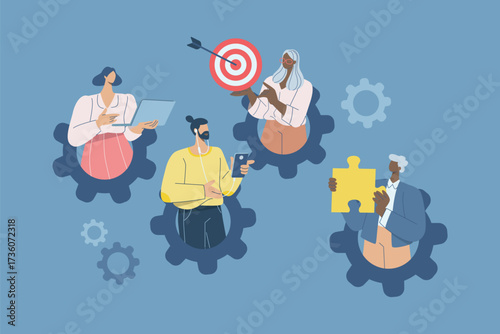 Business teamwork concept, People working inside gear, Vector illustration.