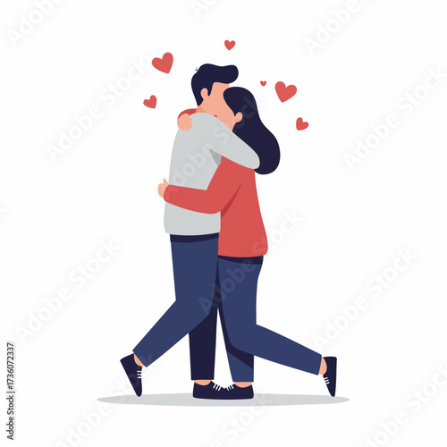 Flat Style Romantic Couple Embrace with Floating Hearts Celebration Illustration