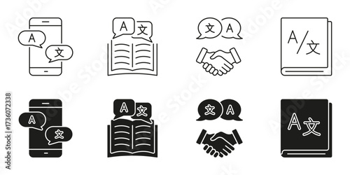 Language Translation And Communication Icon Set. Multilingual Interaction And Cross-Cultural Exchange Symbol Collection. Mobile, Book, And Handshake Illustrations. Isolated Vector Illustration