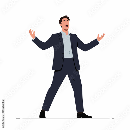 Flat Illustration Overjoyed Man with Open Arms in Suit Character