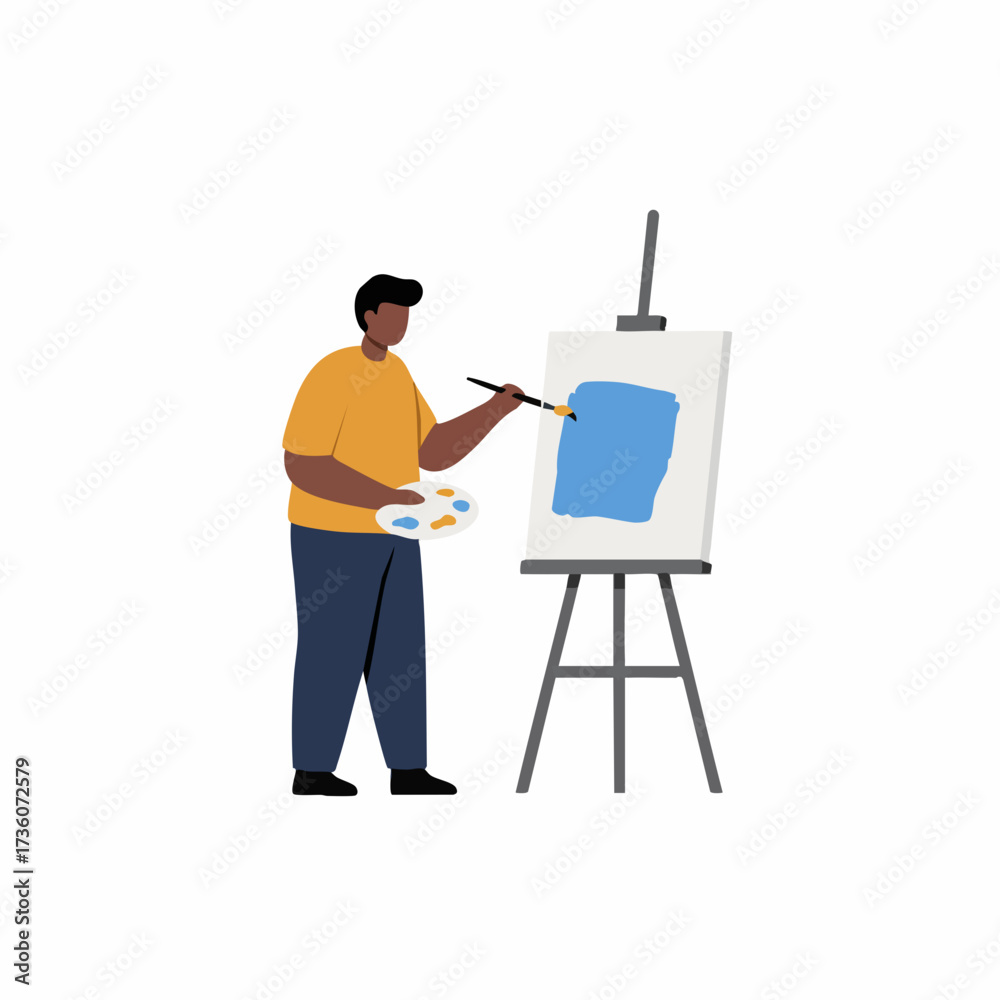 Fototapeta premium Minimalist Flat Style Man Painting Blue Object On Canvas Illustration
