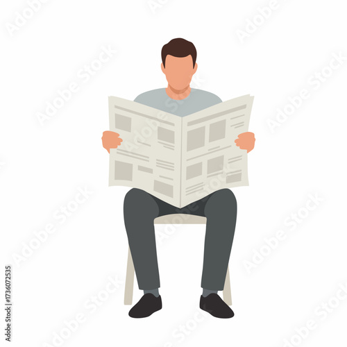 Flat Illustration of a Man Reading a Newspaper While Sitting Down