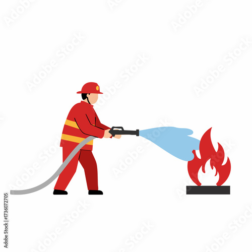Flat Style Professional Firefighter Extinguishing Fire Flames with Hose Illustration
