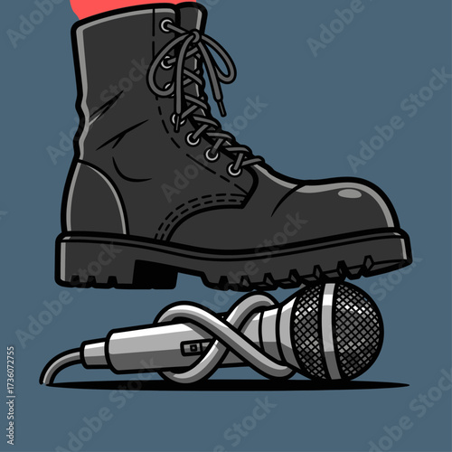 A large black boot is stepping on a microphone, symbolizing censorship and silencing.