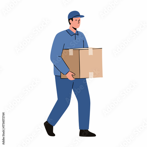 Flat Illustration Male Carrier Holds Cardboard Box in Delivery Service