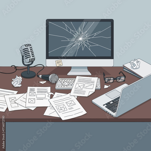 Overwhelmed workspace with a cracked computer screen, microphone, laptop, papers, glasses, and crumpled notes on a brown desk.