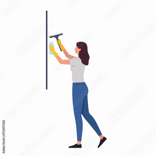 Flat Minimalist Woman Cleaning Window with Squeegee Housework Illustration