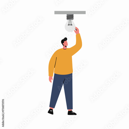 Simple Flat Illustration of Person Changing Light Bulb at Home