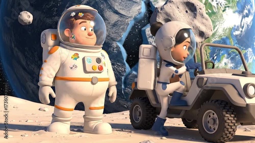 Astronauts exploring the moon in a captivating animated adventure perfect for children's stories and educational science videos