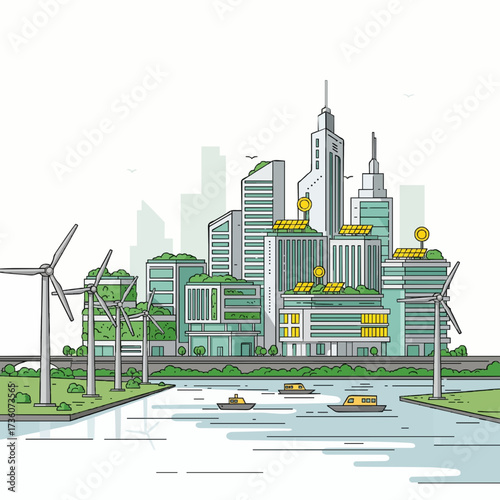 Line art illustration of a futuristic smart city using renewable energy, featuring wind turbines and solar panels for a sustainable urban environment
