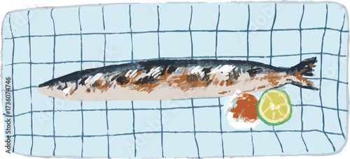 秋の秋刀魚の塩焼きのイラスト