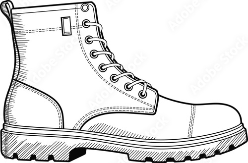 Rugged combat boot illustration, black and white footwear drawing, lace up boot sketch, durable work shoe design, military style vector artwork