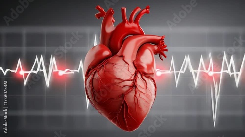 An anatomical heart illustration on a background featuring an EKG heartbeat line, symbolizing life, emotion, and health. Ideal for medical, educational, or wellness themes.