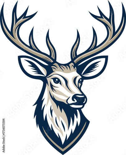 A minimalist deer iconic logo design Black and white illustration, deer head silhouette, majestic antlers, minimalist design, elegant profile, stylized wildlife art, sharp contrast, vector graphic,	
