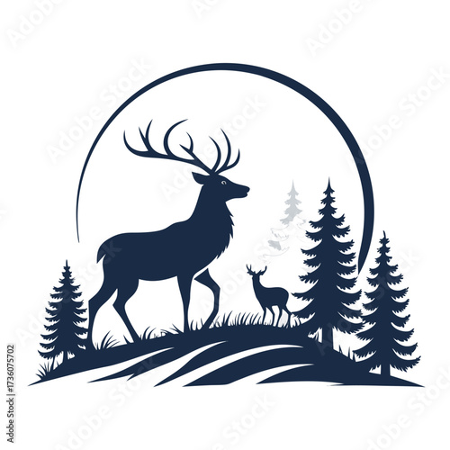 A minimalist deer iconic logo design Black and white illustration, deer head silhouette, majestic antlers, minimalist design, elegant profile, stylized wildlife art, sharp contrast, vector graphic,	
