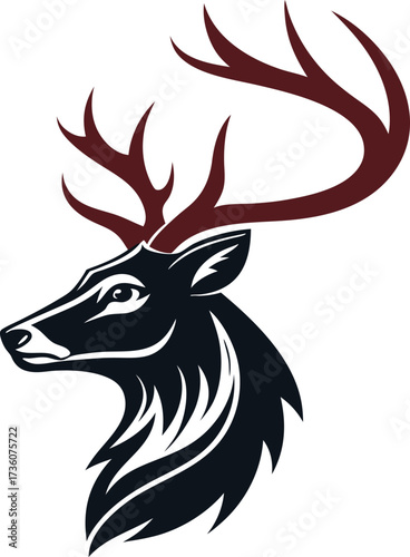A minimalist deer iconic logo design Black and white illustration, deer head silhouette, majestic antlers, minimalist design, elegant profile, stylized wildlife art, sharp contrast, vector graphic,	
