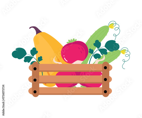 Wooden Crate with Vegetable as Organic Farm Product Vector Illustration