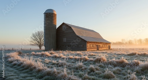 Rustic farmhouse and silo in a winter landscape at sunrise