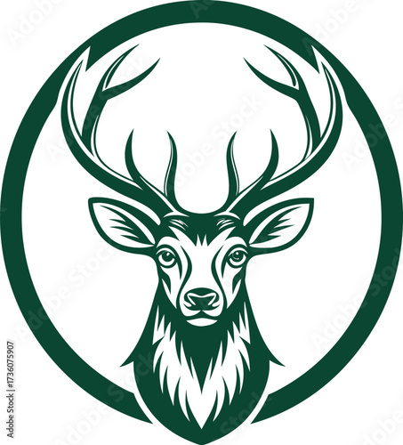 A minimalist deer iconic logo design Black and white illustration, deer head silhouette, majestic antlers, minimalist design, elegant profile, stylized wildlife art, sharp contrast, vector graphic,	
