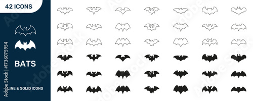 Bats Line And Solid Icon Set. Scary Creature, Darkness Theme, And Halloween Symbol Collection. Isolated Vector Illustration