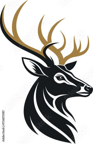 A minimalist deer iconic logo design Black and white illustration, deer head silhouette, majestic antlers, minimalist design, elegant profile, stylized wildlife art, sharp contrast, vector graphic,	

