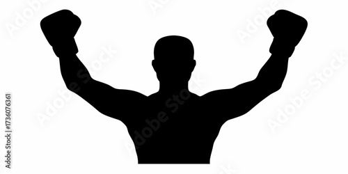 Victorious boxer silhouette raising gloved arms in triumph, embodies strength, determination, and sportsmanship, ideal for fitness and motivation concepts