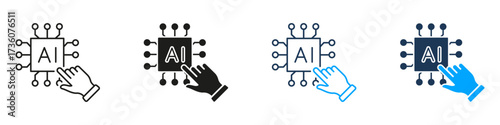 Artificial Intelligence Chip with Hand Control Line and Solid Icon Set. Machine Learning Processor Digital Interaction Symbol Collection. Isolated Vector Illustration