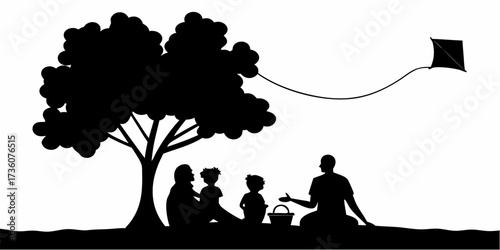 Family enjoying picnic under tree with kite flying high, creating cherished memories and quality time together in nature's embrace with love and laughter