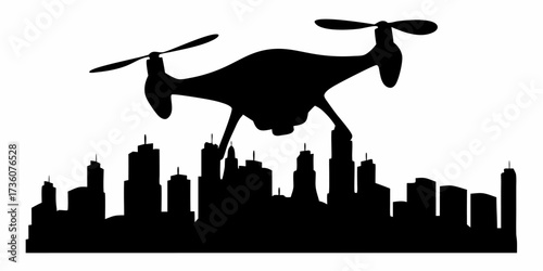 Modern drone flies over city skyline, representing innovation and technology advancements, sleek vector illustration for business and progress themes