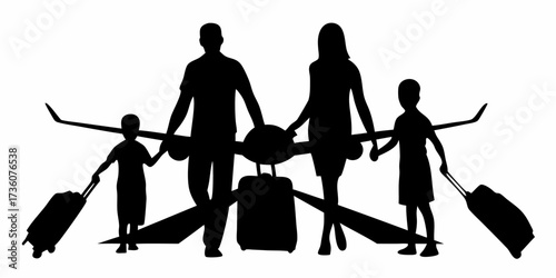 Family's exciting adventure awaits with luggage and airplane ready for takeoff, promising unforgettable memories and joyful travel experiences