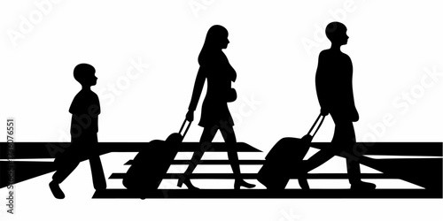 Silhouette family excitedly heads out on vacation with rolling luggage, creating anticipation and wanderlust for travel adventures and memorable journeys