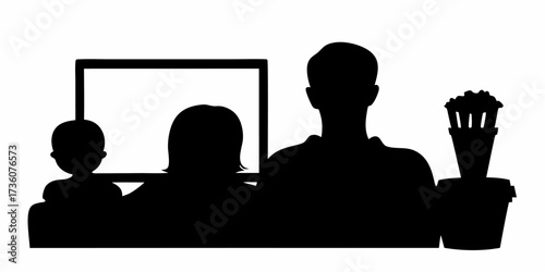 Family movie night silhouette with popcorn, creating cozy memories together, perfect for entertainment blog or family activity guide, timeless design element