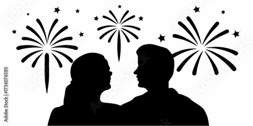 Romantic silhouette of a couple watching fireworks, evoking celebration and joy, perfect for festive events, New Year's Eve, and romantic moments