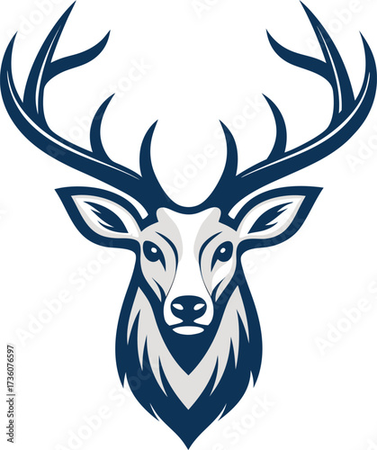 A minimalist deer iconic logo design Black and white illustration, deer head silhouette, majestic antlers, minimalist design, elegant profile, stylized wildlife art, sharp contrast, vector graphic,	
