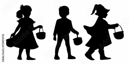 Children dressed in Halloween costumes going trick or treating, a silhouette of kids with candy buckets, celebrating the spooky season with friends